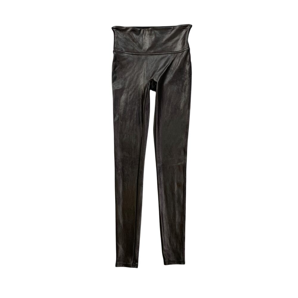 Spanx Leggings Womens S Small Black Coated Faux Leather Pull On Stretch Skinny